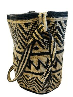 Woven Brown Cream Adjustable Hippie Bucket Purse Crossbody